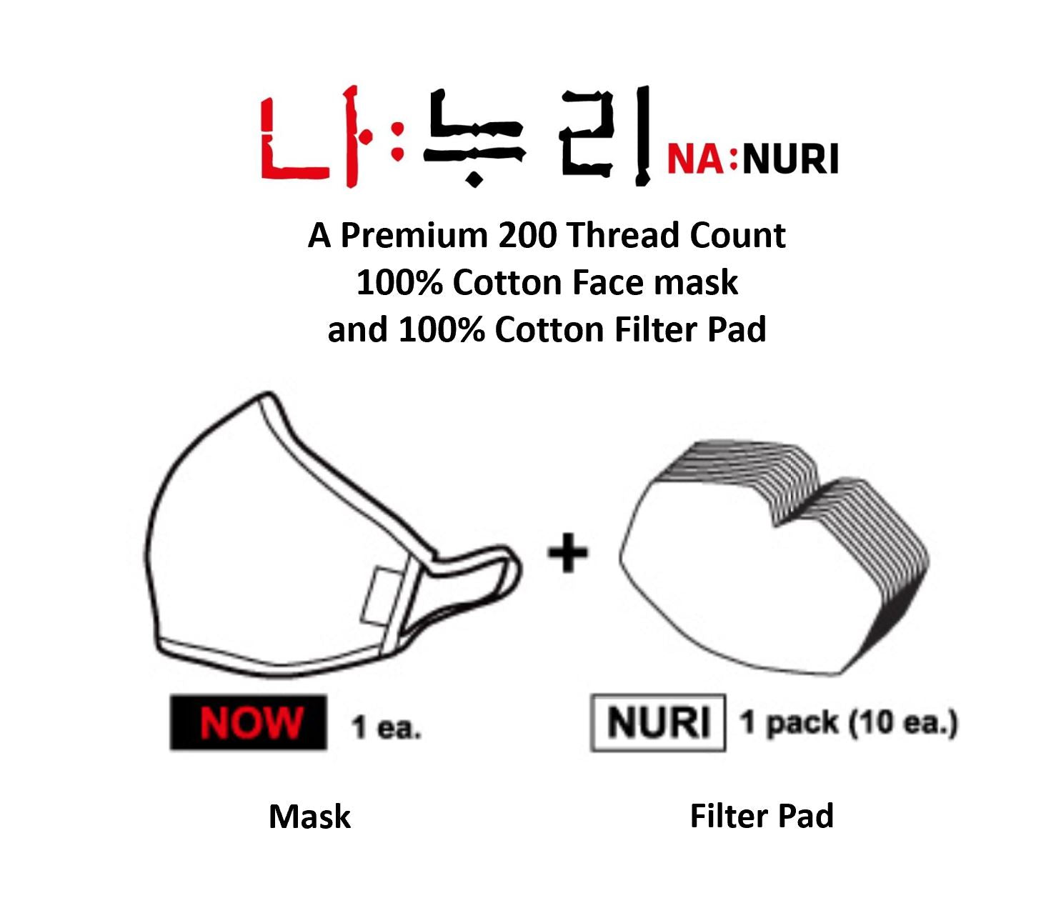 NA:NURI Classic - A Premium 200 Thread Count 100% Cotton Mask with Cotton Filter Pad Set