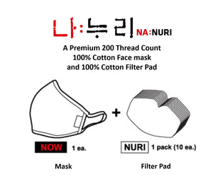 NA:NURI Classic - A Premium 200 Thread Count 100% Cotton Mask with Cotton Filter Pad Set